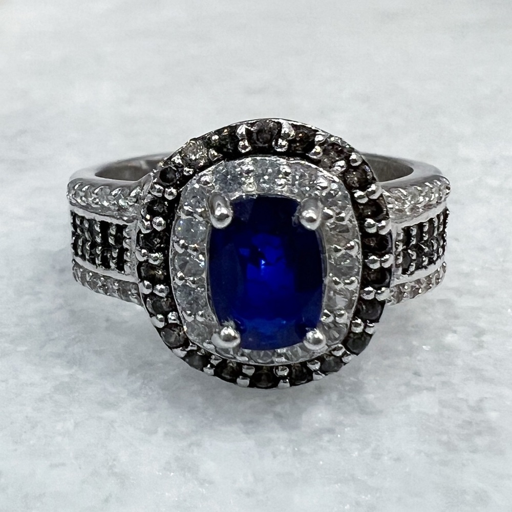 Premium Tanzanian Blue Spinel Champagne & White Zircon Sterling Silver Ring Sz 7